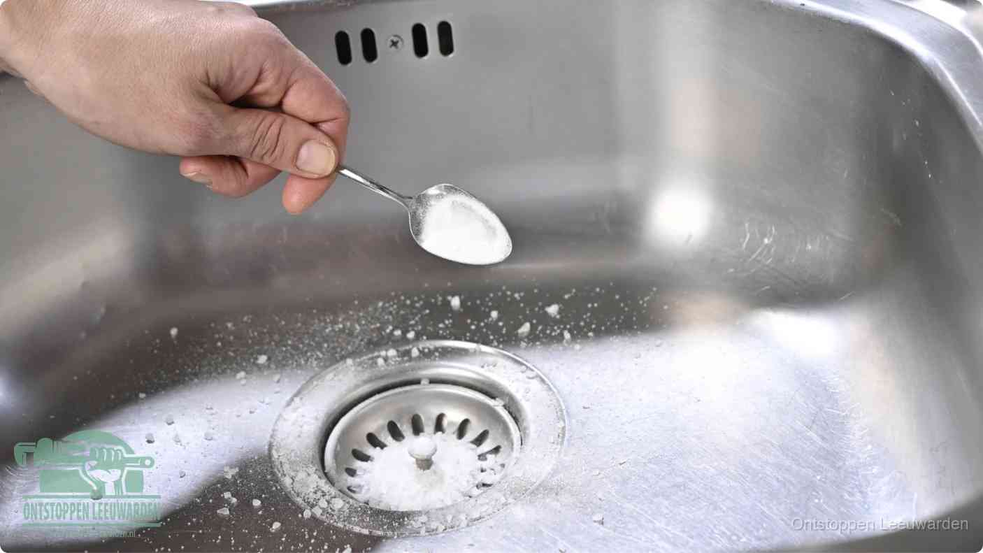 Een hand strooit met een lepel soda in de afvoer van een roestvrijstalen spoelbak, de soda en azijn huismiddel-methode om de afvoer te ontstoppen in Leeuwarden