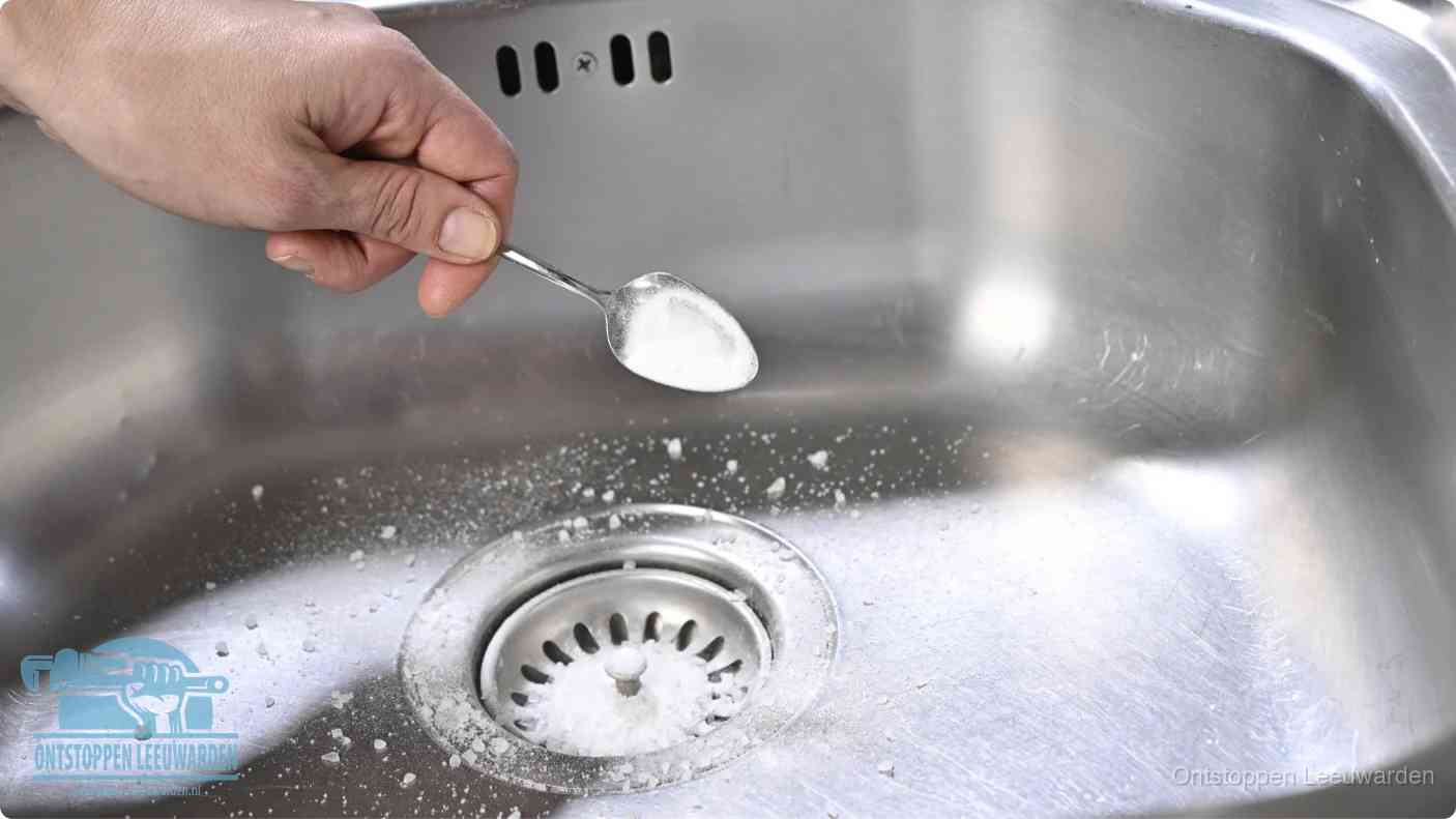 Een hand strooit met een lepel soda in een afvoerputje, de soda en azijn huismiddel-methode om de wc te ontstoppen in Leeuwarden